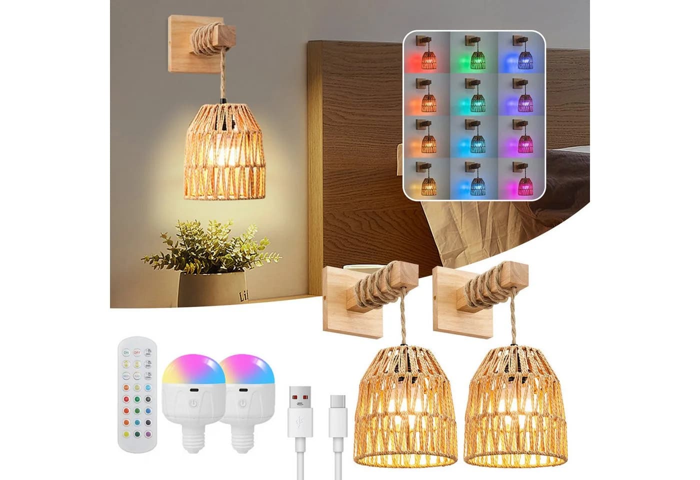 MUPOO Wandleuchte Rattan Boho LED Wandleuchte Innen RGB Batteriebetrieben 2 Stück Fernbedienung 15 Farben Dimmbar E27 Leuchtmittel Timer - Bild 2