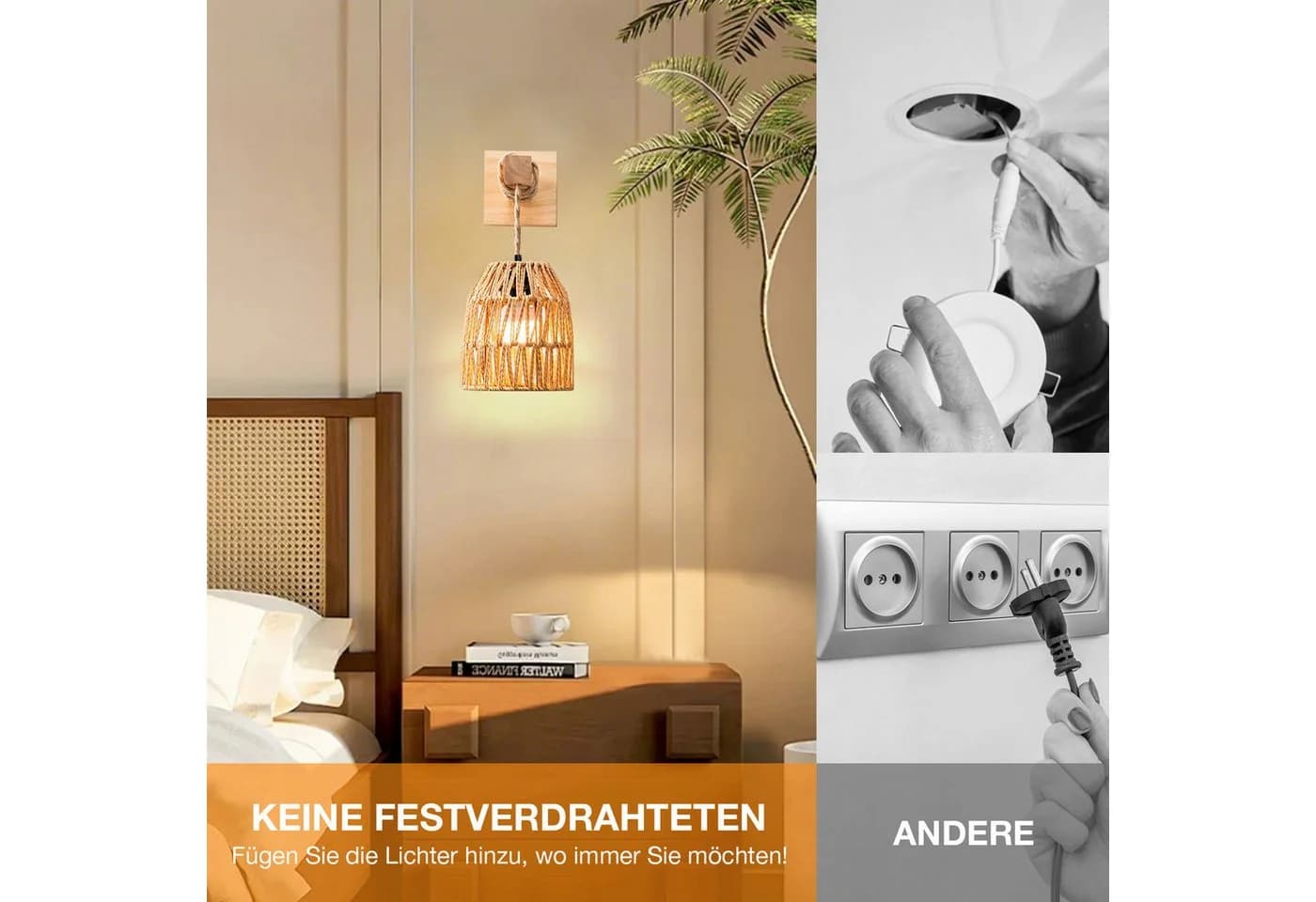 MUPOO Wandleuchte Rattan Boho LED Wandleuchte Innen RGB Batteriebetrieben 2 Stück Fernbedienung 15 Farben Dimmbar E27 Leuchtmittel Timer - Bild 3