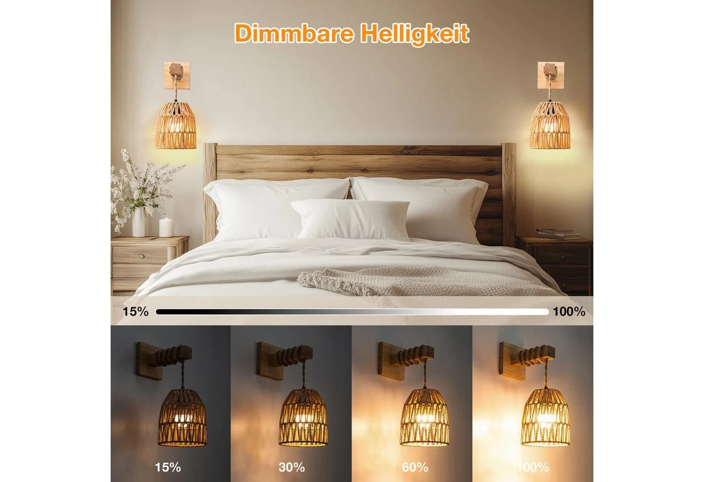 MUPOO Wandleuchte Rattan Boho LED Wandleuchte Innen RGB Batteriebetrieben 2 Stück Fernbedienung 15 Farben Dimmbar E27 Leuchtmittel Timer - Bild 4