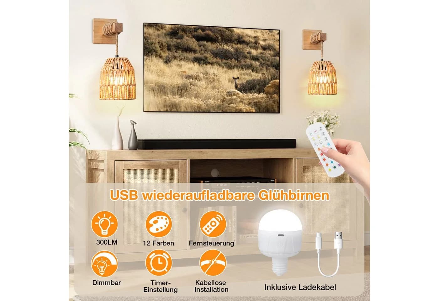 MUPOO Wandleuchte Rattan Boho LED Wandleuchte Innen RGB Batteriebetrieben 2 Stück Fernbedienung 15 Farben Dimmbar E27 Leuchtmittel Timer - Bild 5