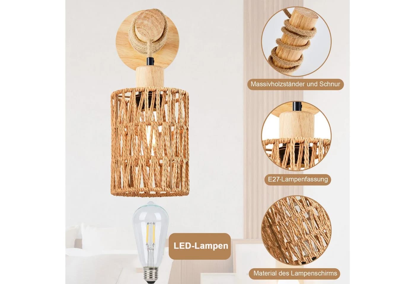 MUPOO LED Wandleuchte Vintage Holz Rattan E27 Warmweiß
