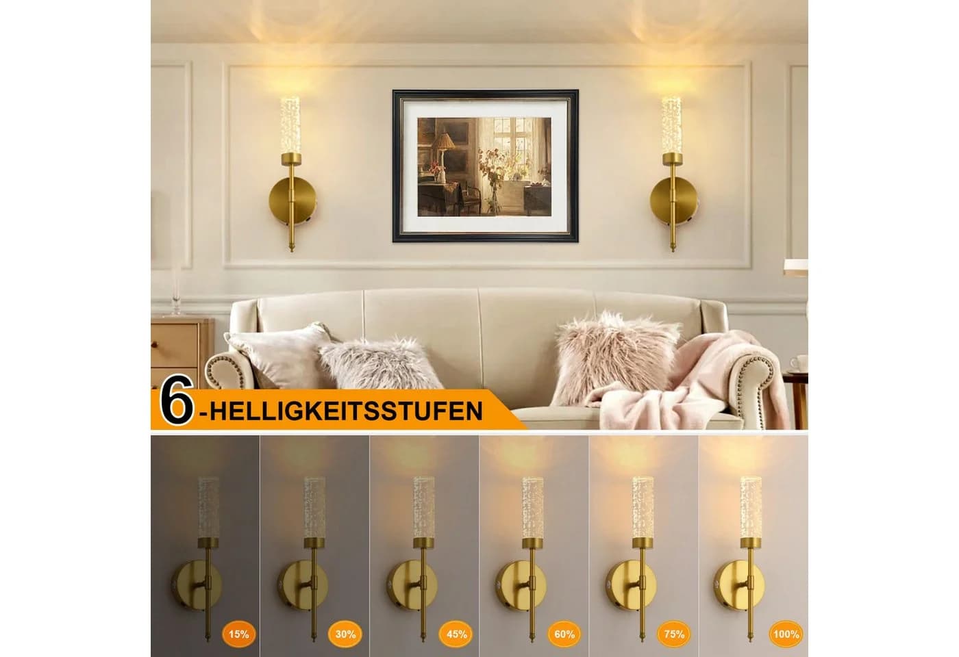 Jibenhome Kabellose LED-Wandleuchte Gold mit Fernbedienung & Timer