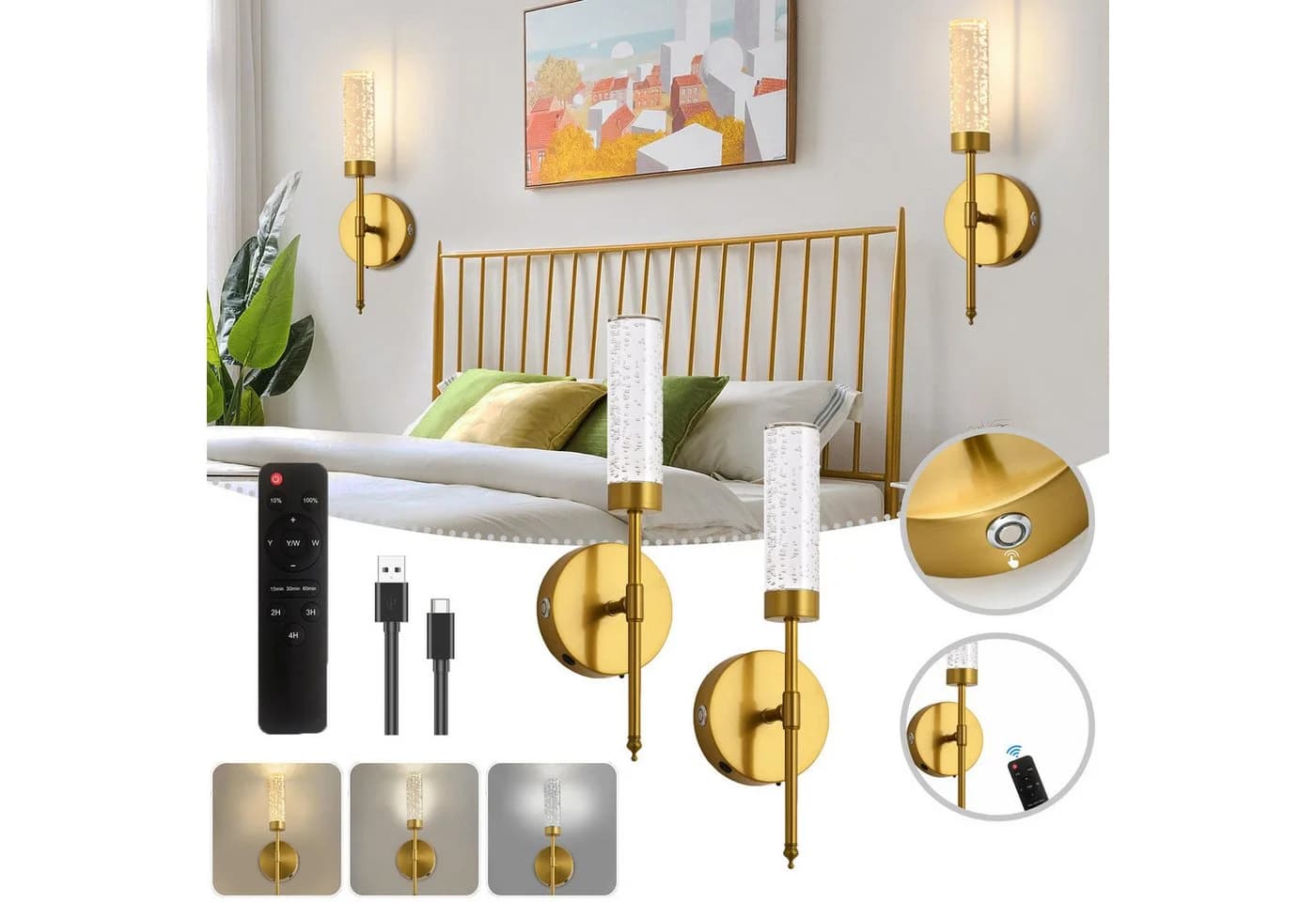 Jibenhome Kabellose LED-Wandleuchte Gold mit Fernbedienung & Timer - Bild 2
