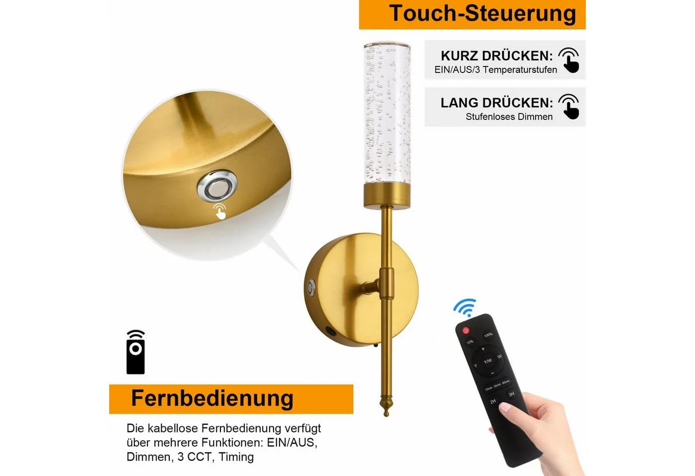 Jibenhome Kabellose LED-Wandleuchte Gold mit Fernbedienung & Timer - Bild 3