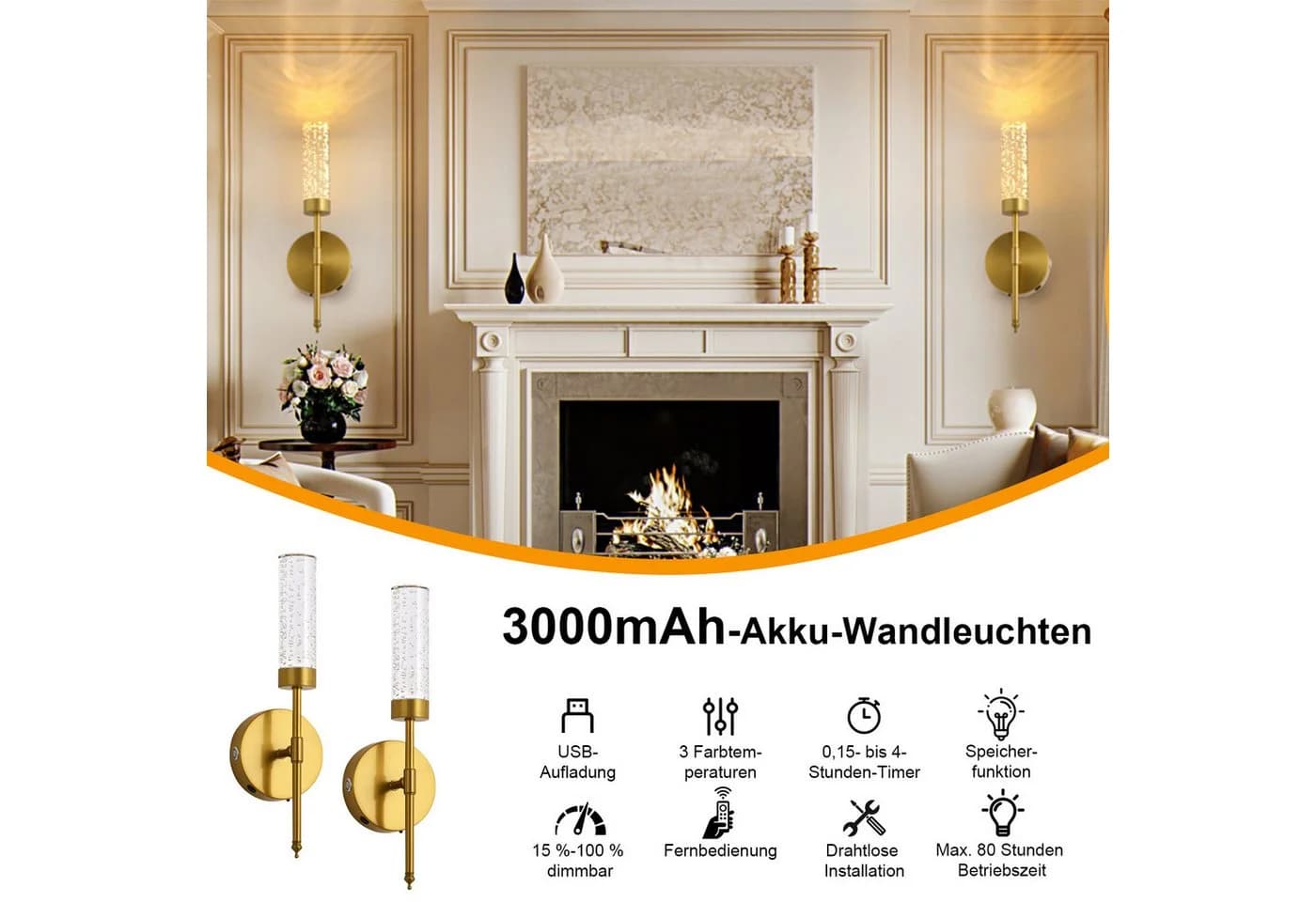 Jibenhome Kabellose LED-Wandleuchte Gold mit Fernbedienung & Timer - Bild 4