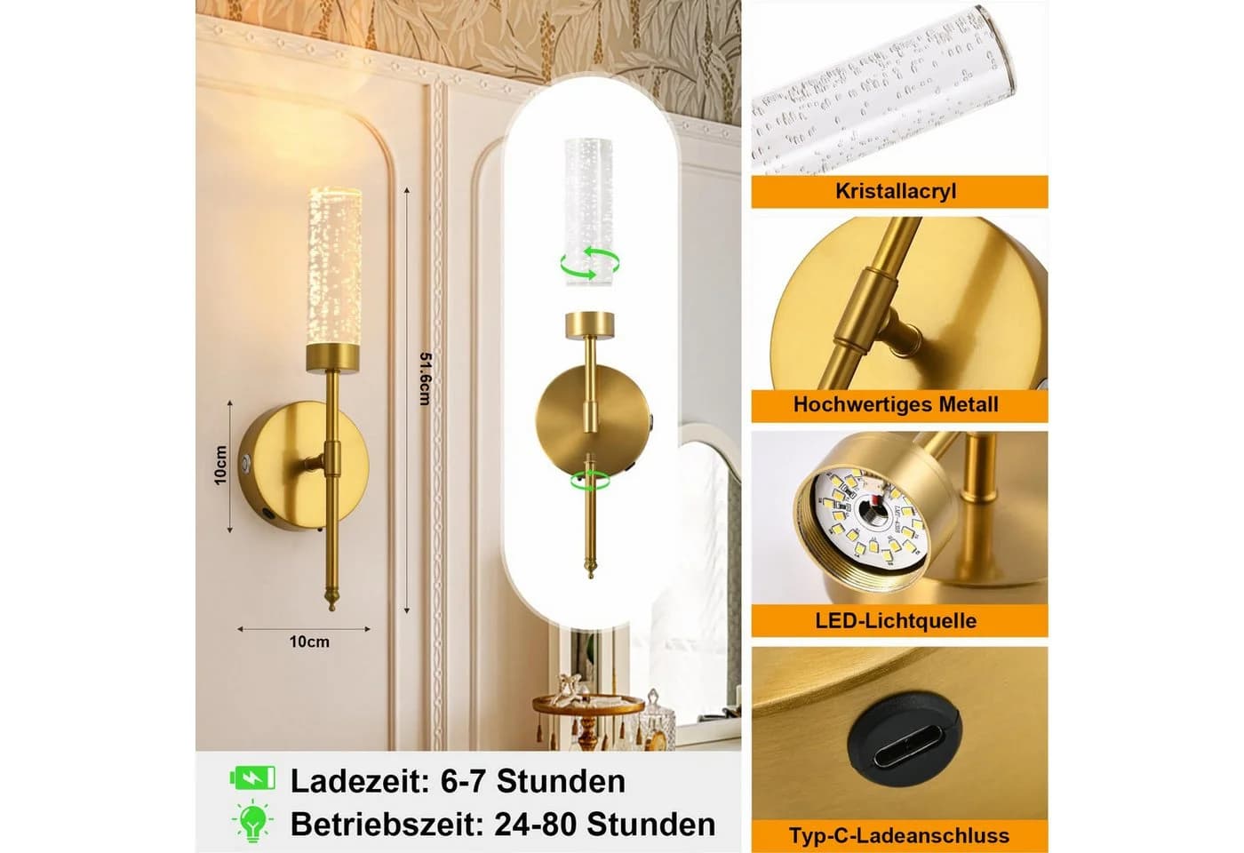 Jibenhome Kabellose LED-Wandleuchte Gold mit Fernbedienung & Timer - Bild 5