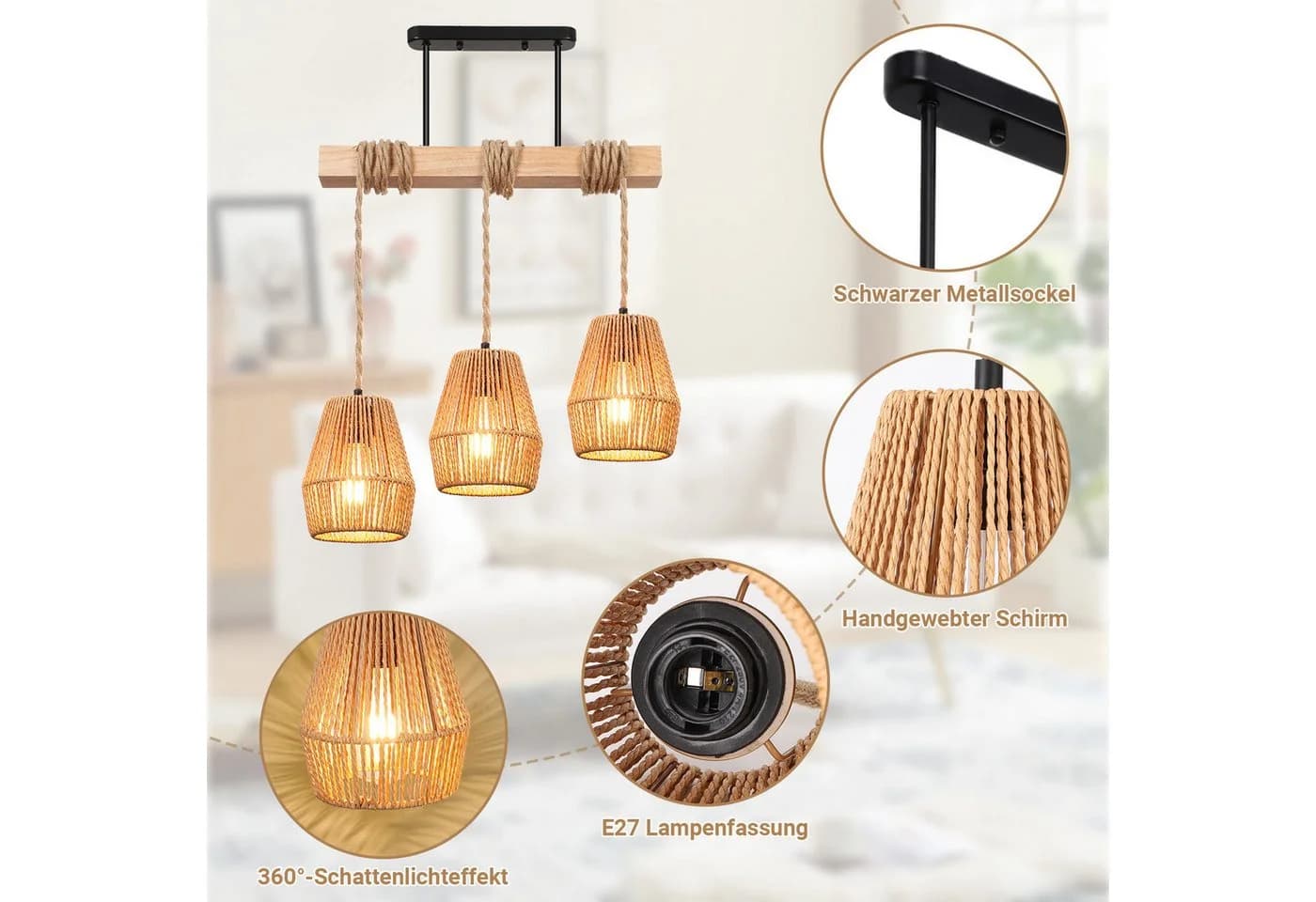 MUPOO Hängeleuchten 3 Köpfe Kronleuchter Rattan Boho Deckenlampe