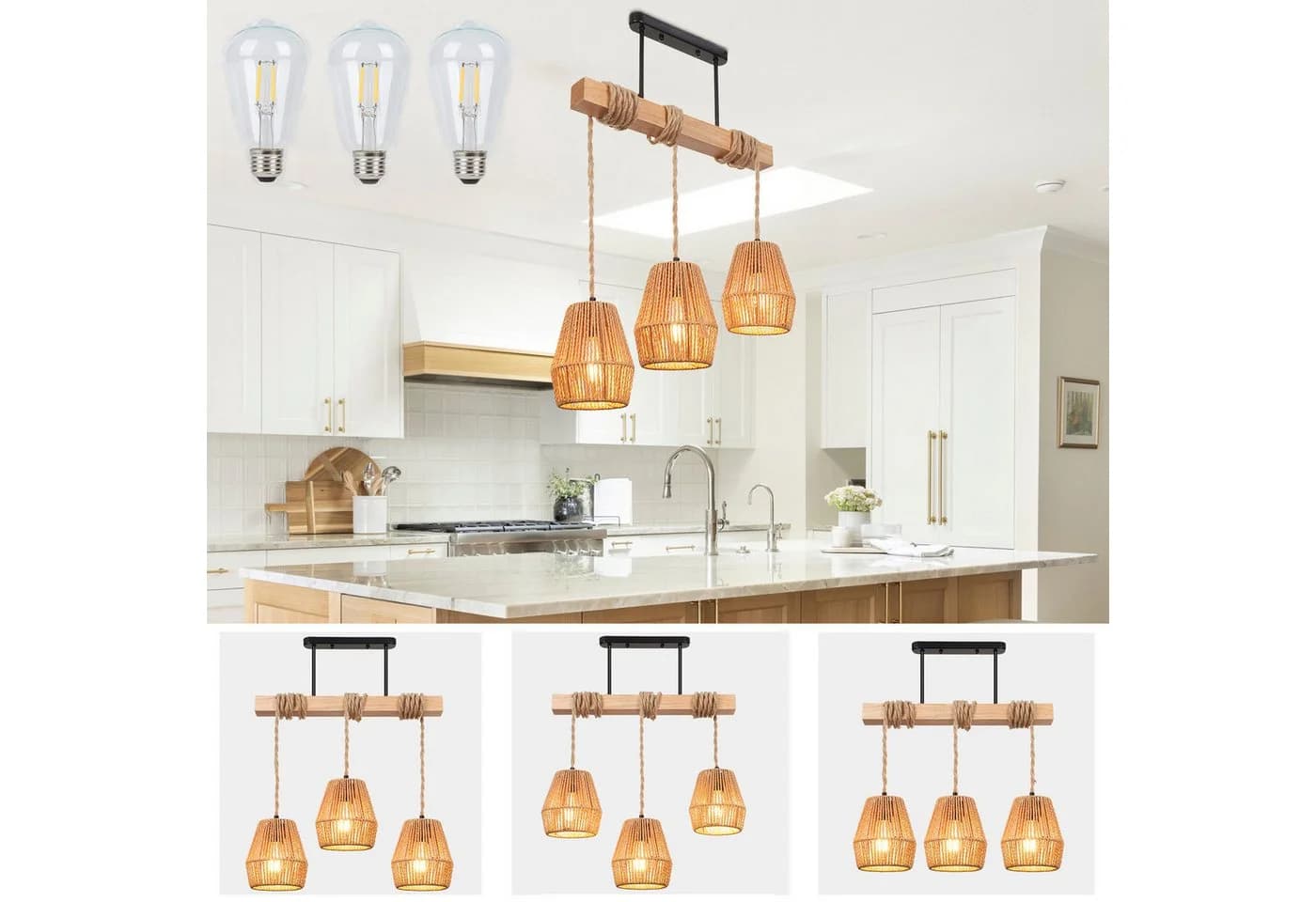 MUPOO Hängeleuchten 3 Köpfe Kronleuchter Rattan Boho Deckenlampe - Bild 2