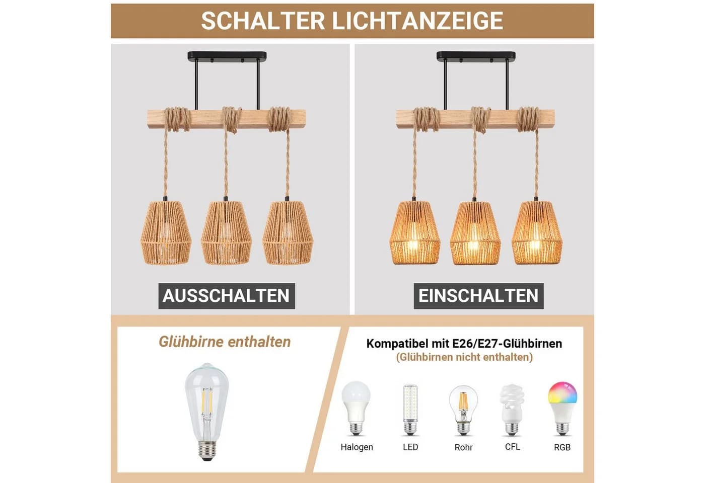 MUPOO Hängeleuchten 3 Köpfe Kronleuchter Rattan Boho Deckenlampe - Bild 3