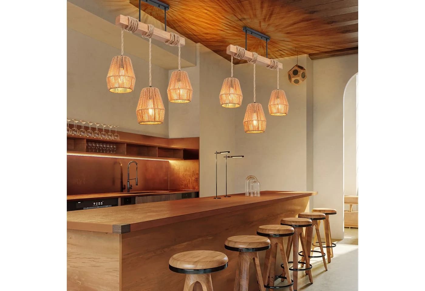 MUPOO Hängeleuchten 3 Köpfe Kronleuchter Rattan Boho Deckenlampe - Bild 4