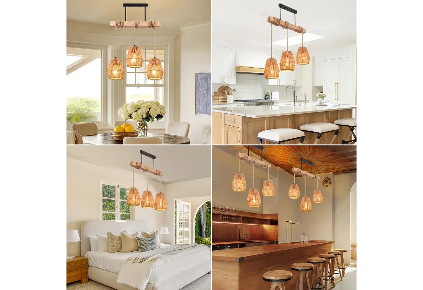 MUPOO Hängeleuchten 3 Köpfe Kronleuchter Rattan Boho Deckenlampe - Bild 5