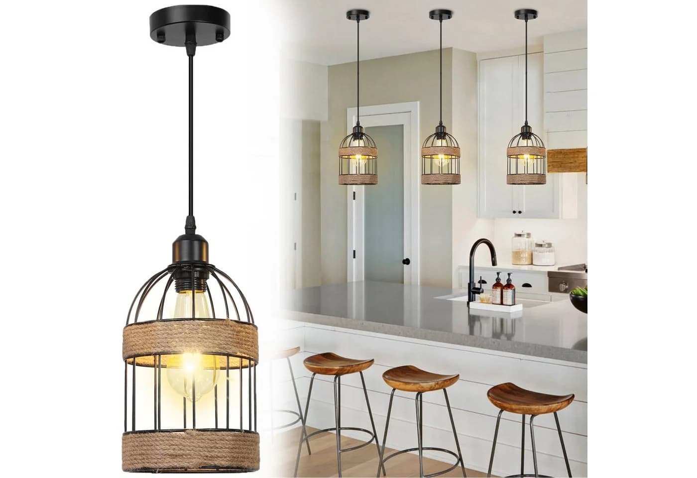 MUPOO Pendelleuchte Rattan Boho E27 Warmweiß Höhenverstellbar - Bild 2