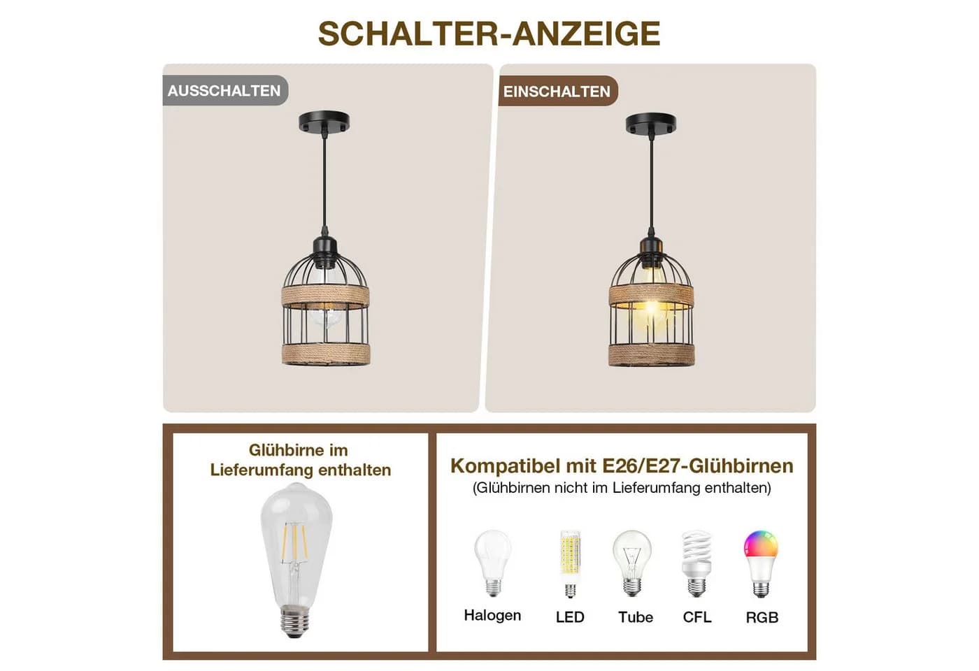 MUPOO Pendelleuchte Rattan Boho E27 Warmweiß Höhenverstellbar - Bild 3