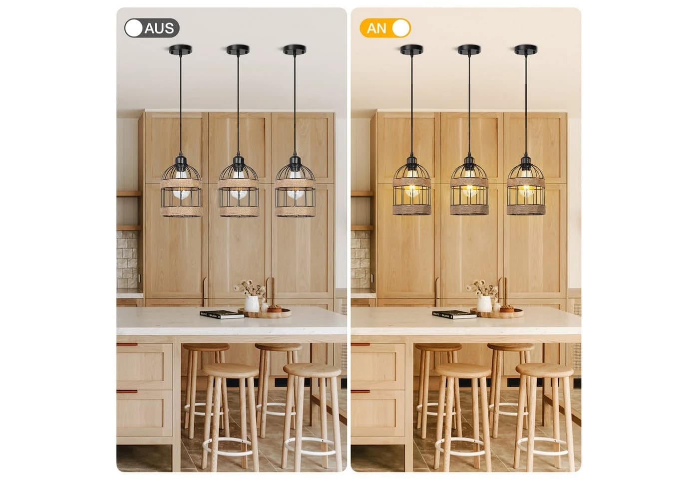MUPOO Pendelleuchte Rattan Boho E27 Warmweiß Höhenverstellbar - Bild 4
