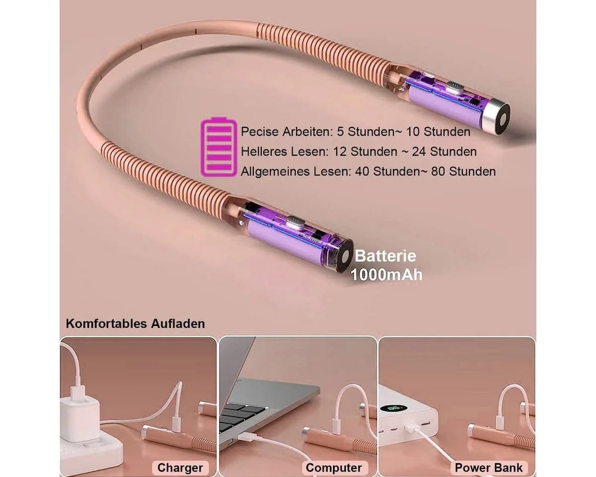 MUPOO LED Leselampe USB-Aufladung Rosa 3 Helligkeiten - Bild 5