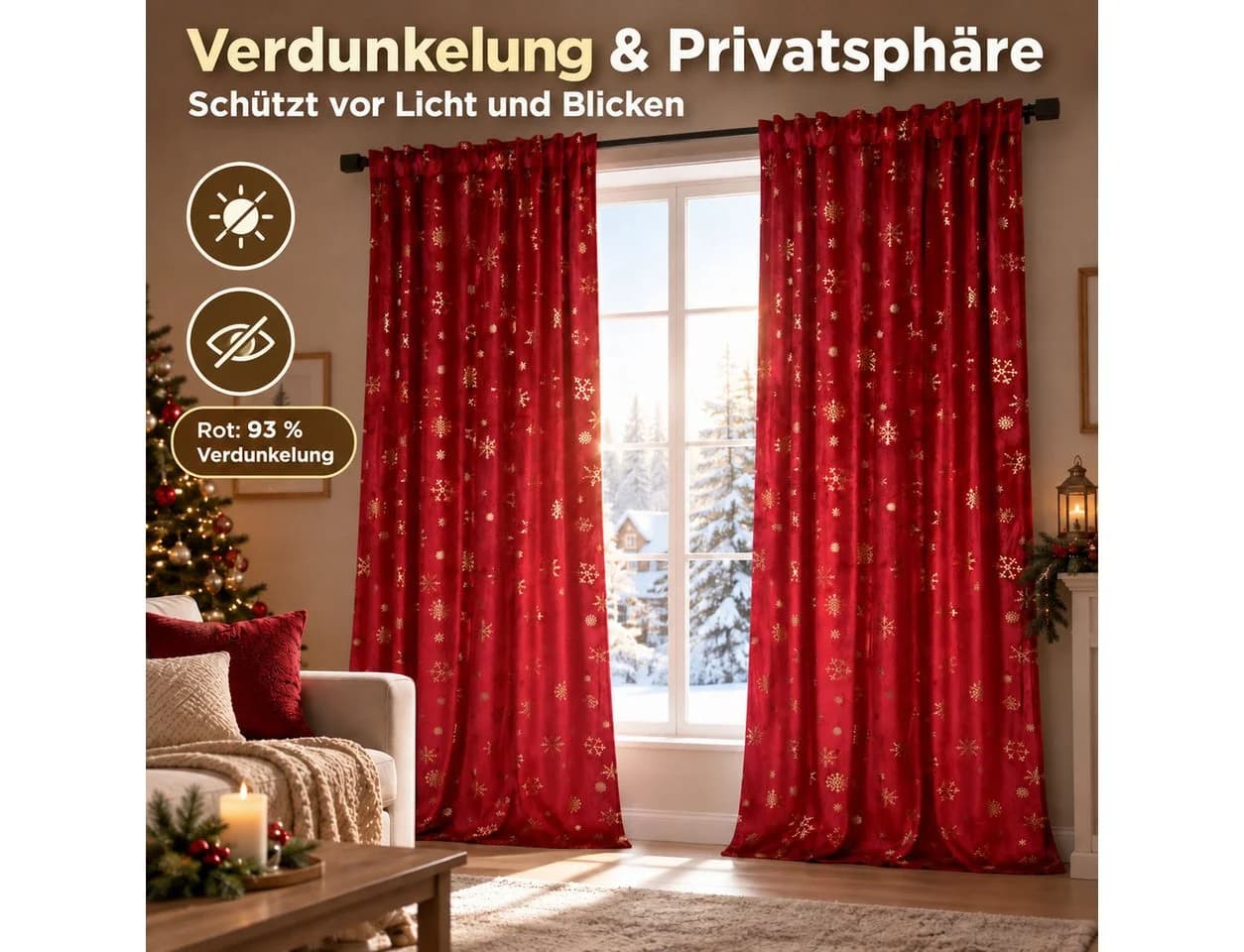 LMaxhome Verdunkelungsvorhang Samt 2er Set Rot/Grün Schneeflocken - Bild 3
