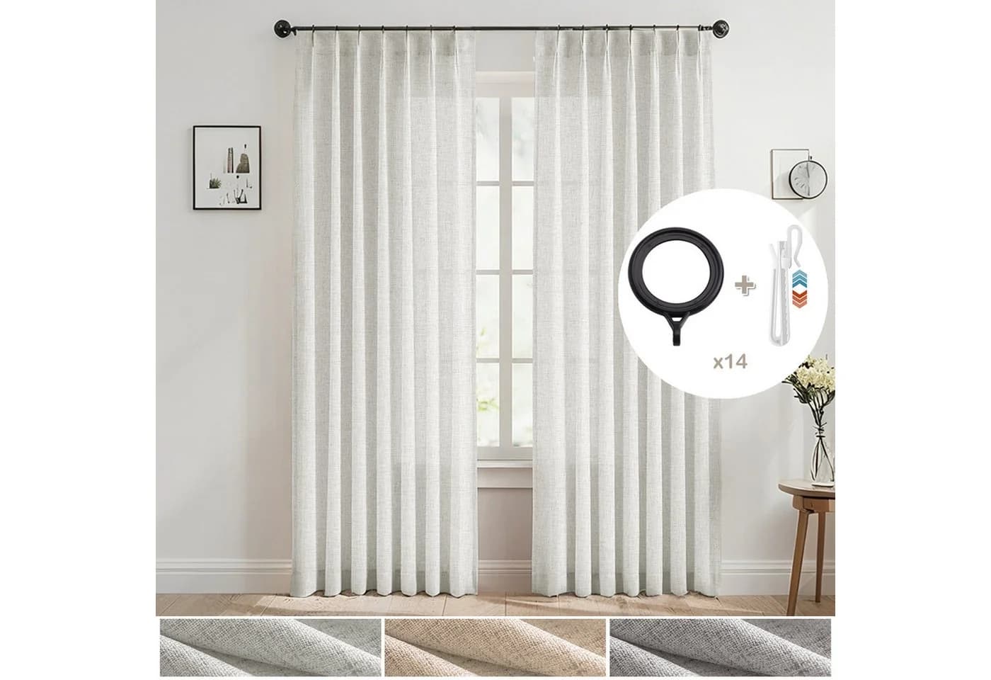 LMaxhome Vorhang 2er Set Grau Leinenoptik blickdicht mit Haken & Ringen - Bild 2
