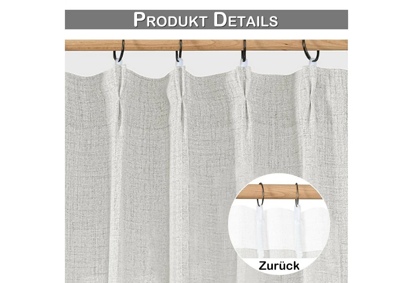 LMaxhome Vorhang 2er Set Grau Leinenoptik blickdicht mit Haken & Ringen - Bild 4