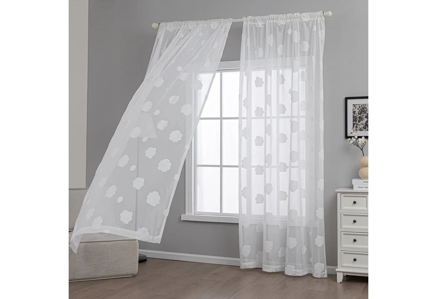Qelus Gardine Modern Voile 2er Set Weiß 3D Wolken Jacquard - Bild 2