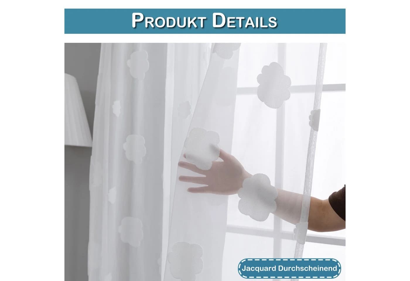 Qelus Gardine Modern Voile 2er Set Weiß 3D Wolken Jacquard - Bild 3