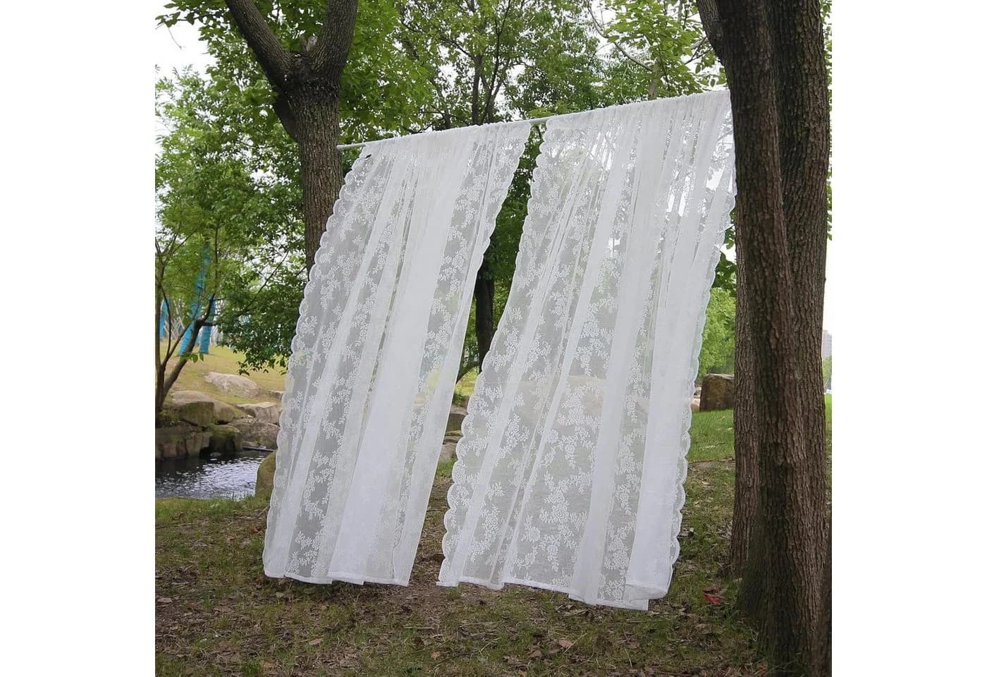 Qelus Vorhang Voile mit Blumenstickerei 2er Set Weiß Transparent - Bild 2