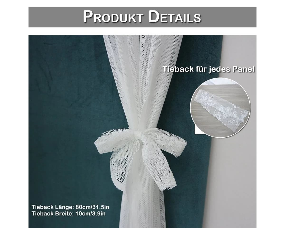 Qelus Vorhang Voile mit Blumenstickerei 2er Set Weiß Transparent - Bild 5