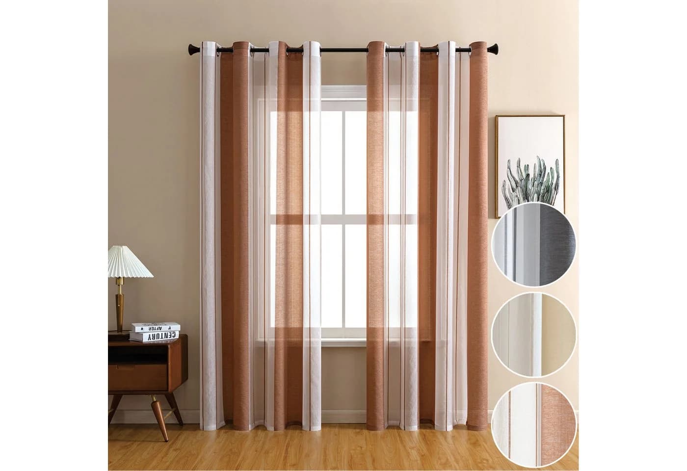 Qelus Streifen-Voilegardinen 2er-Set Braun Semi-Transparent - Bild 2