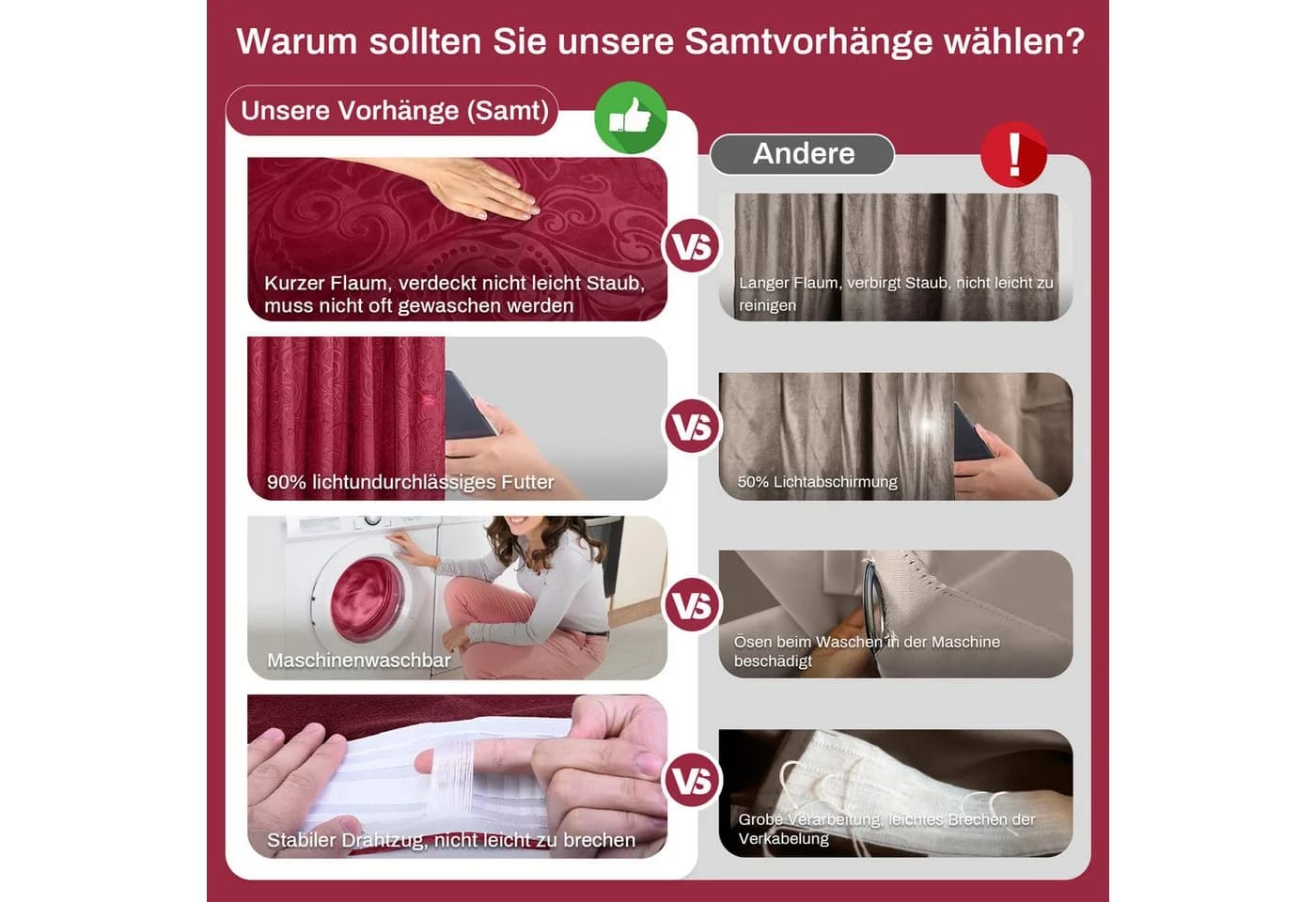Rosnek Verdunkelungsvorhang Samt 2er Set Rot - Bild 5