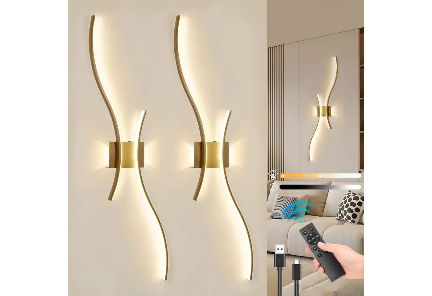 Rosnek Wandleuchte Modern Schwarz/Gold Dimmbar Akku - Bild 2