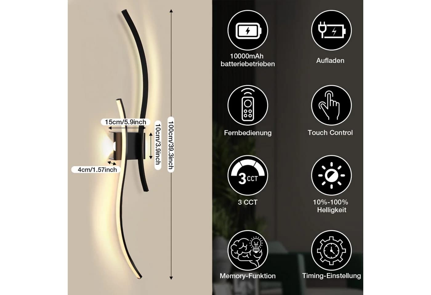 Rosnek Wandleuchte LED Kabellos Schwarz Gold Dimmbar