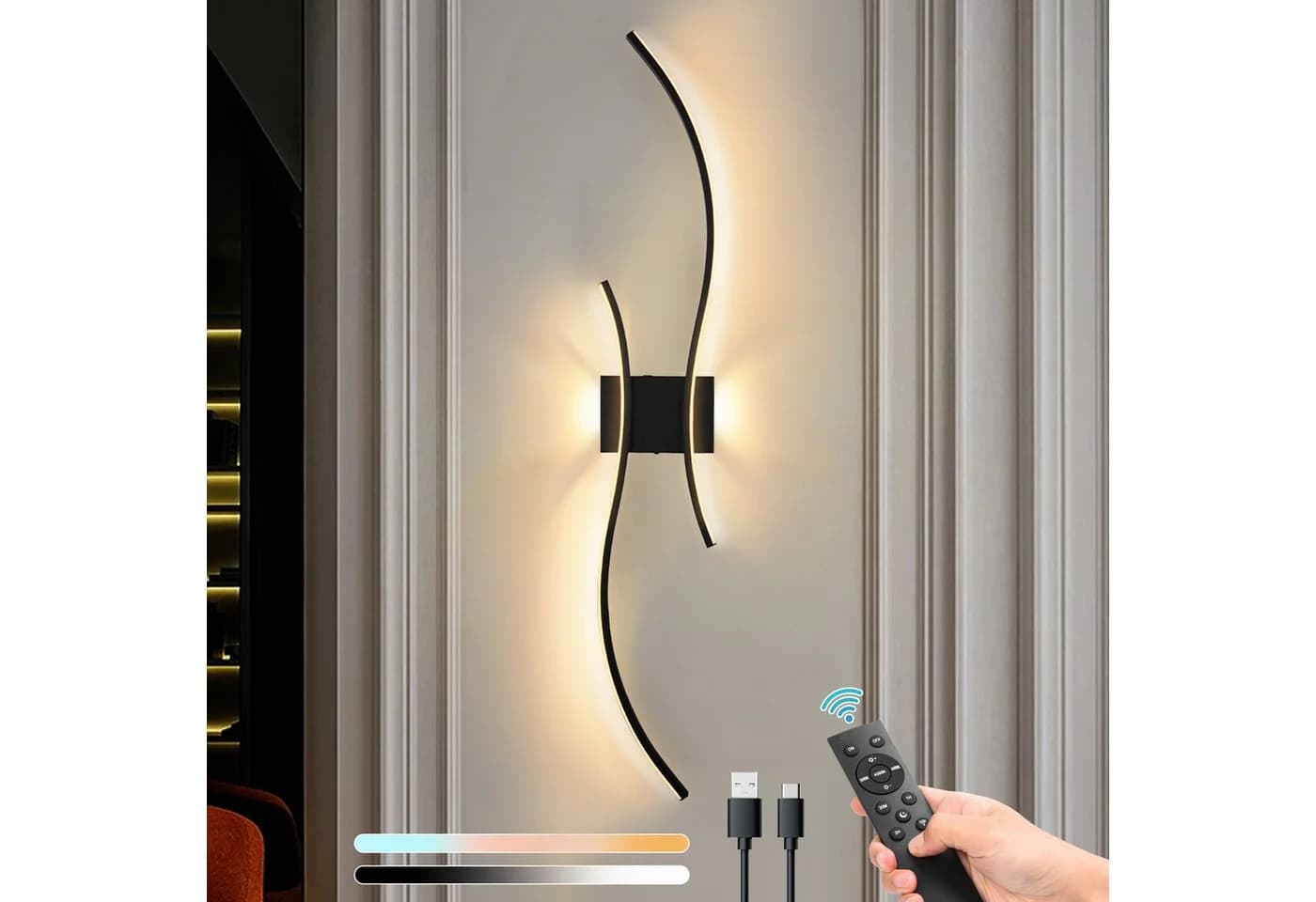 Rosnek Wandleuchte LED Kabellos Schwarz Gold Dimmbar - Bild 2