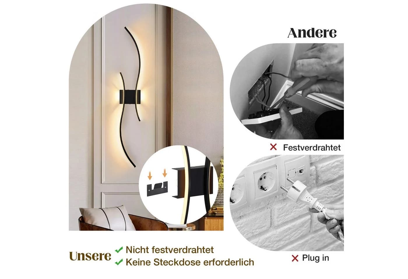Rosnek Wandleuchte LED Kabellos Schwarz Gold Dimmbar - Bild 3