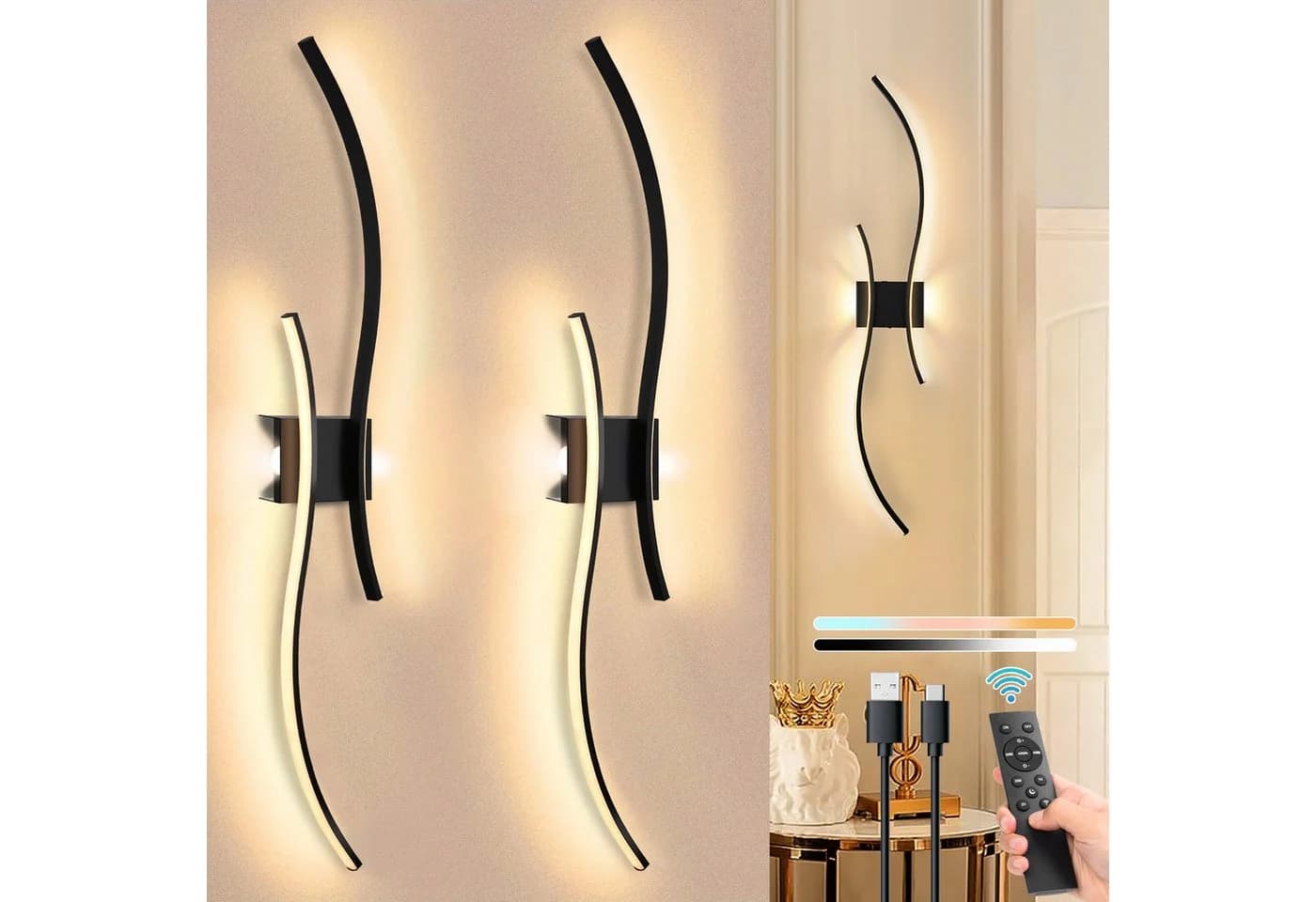 Rosnek Wandleuchte LED Kabellos Schwarz Gold Dimmbar - Bild 5