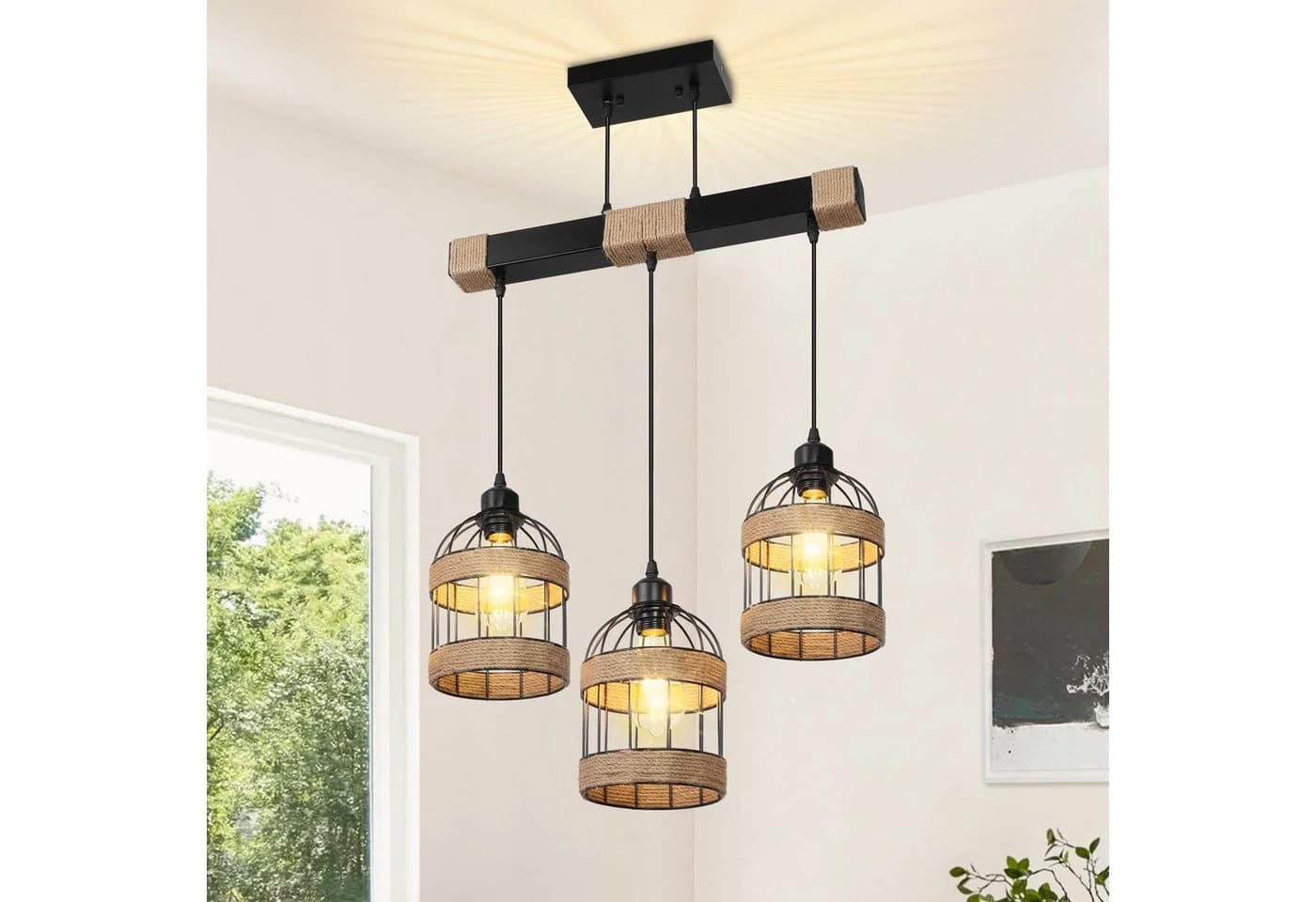 Rosnek 3-flammige LED Pendelleuchte Rattan Eisen Landhausstil warmweiß - Bild 2