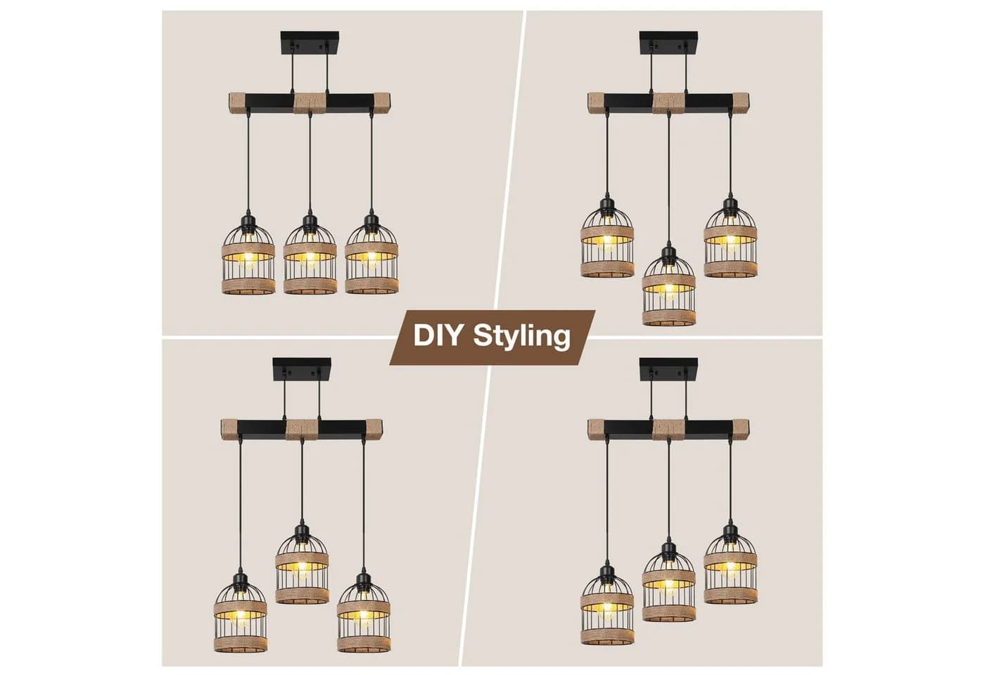 Rosnek 3-flammige LED Pendelleuchte Rattan Eisen Landhausstil warmweiß - Bild 3
