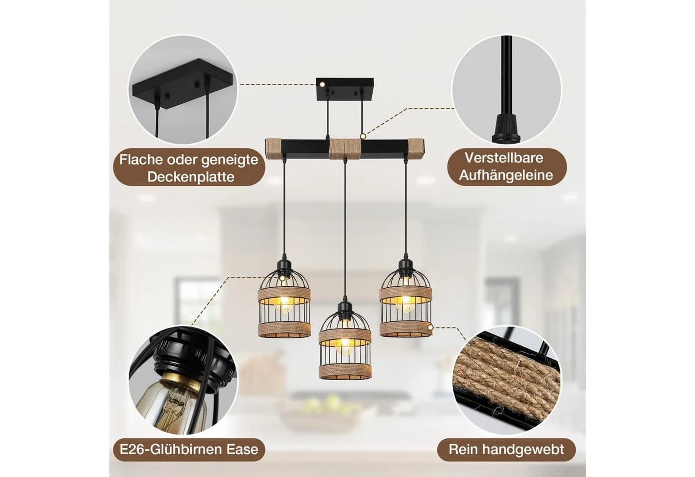 Rosnek 3-flammige LED Pendelleuchte Rattan Eisen Landhausstil warmweiß - Bild 4