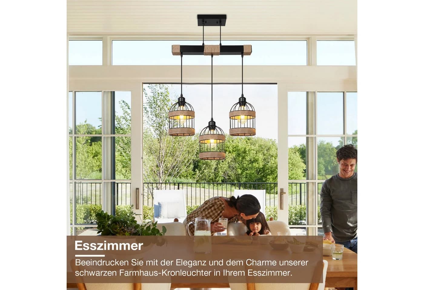 Rosnek 3-flammige LED Pendelleuchte Rattan Eisen Landhausstil warmweiß - Bild 5