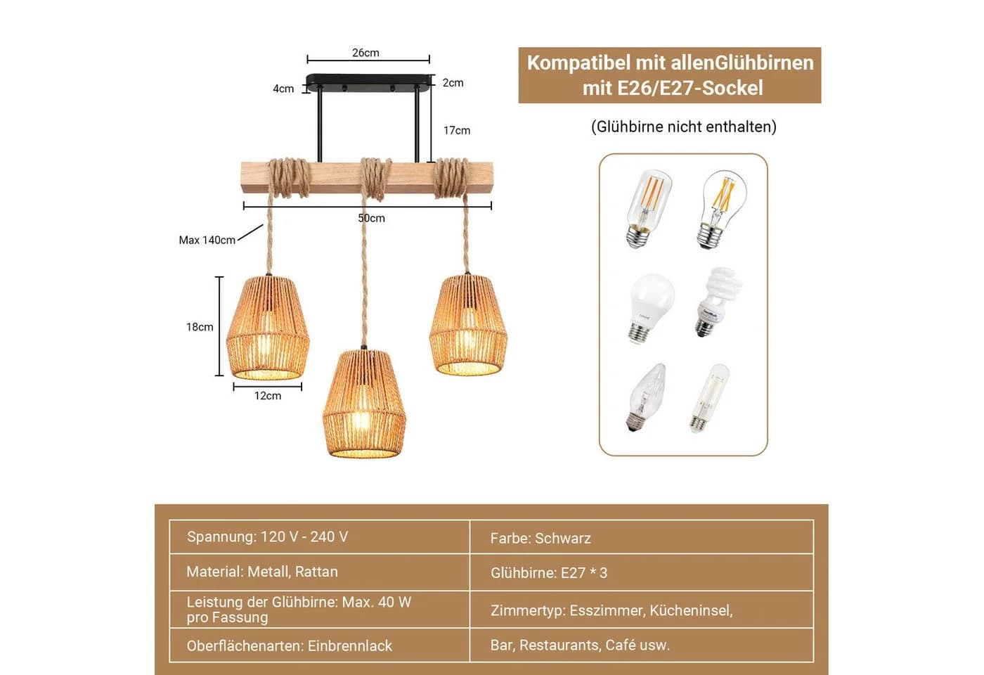 Rosnek 3-flammige Rattan Hängeleuchte E27 Warmweiß - Bild 4