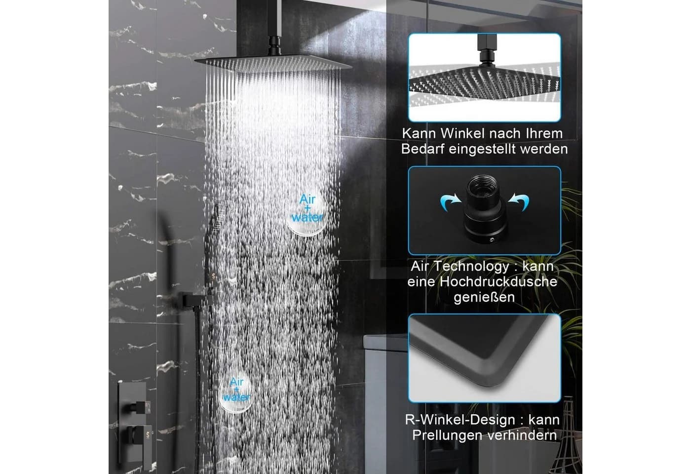 Rainsworth Regenduschkopf Schwarz 304 Edelstahl 40x40cm