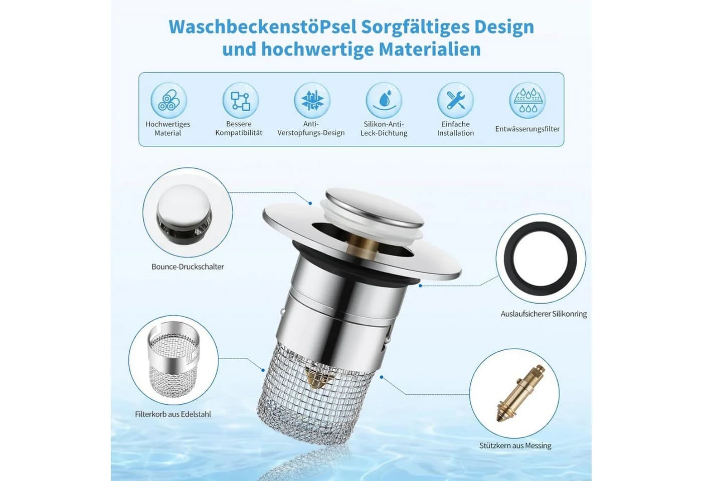 FELIXLEO Waschbeckenstöpsel 2-in-1 Sieb & Stöpsel Chrom 34-40mm