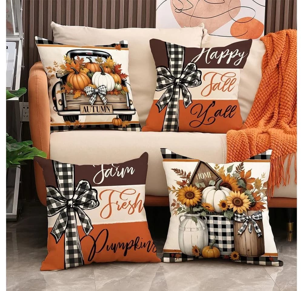 FELIXLEO Kissenbezug 4er Set Herbst Kürbis Deko 45x45 cm