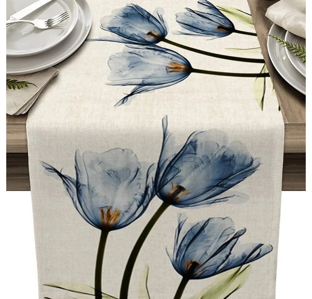 FELIXLEO Tischläufer Blau Floral Leinen 33x180cm - Bild 2