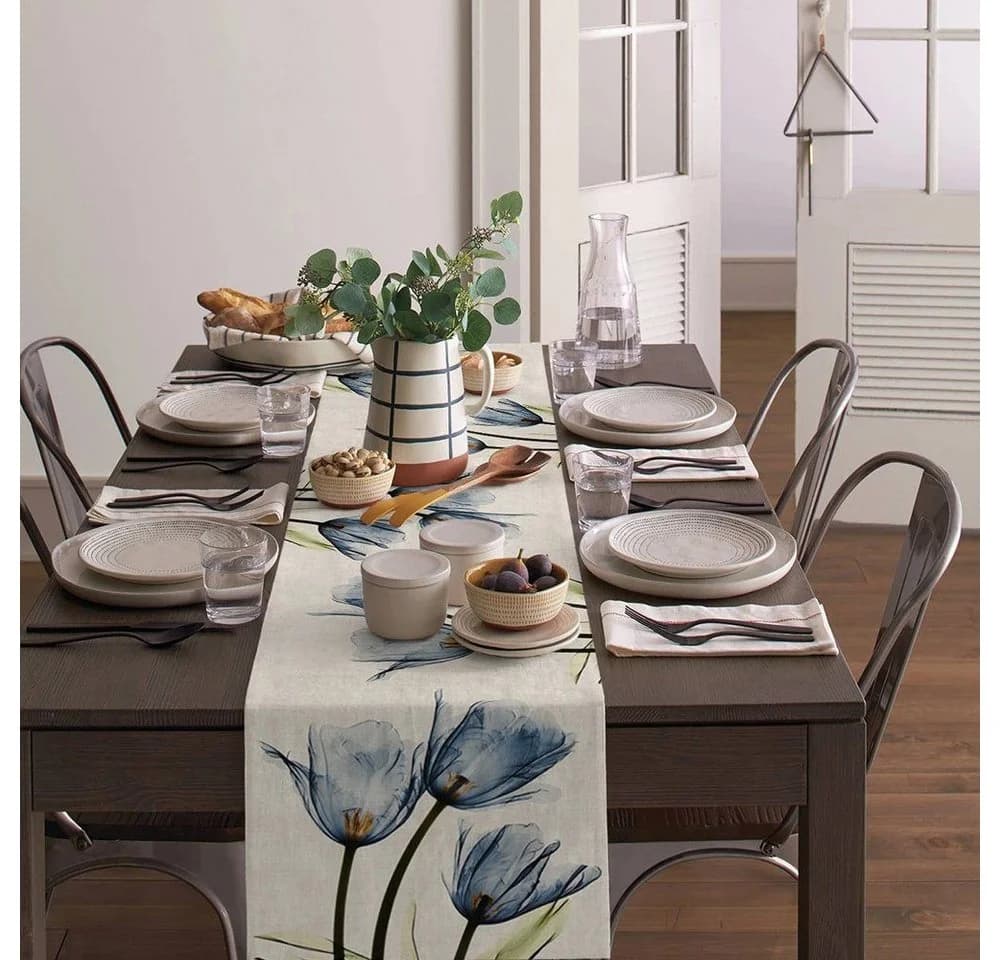FELIXLEO Tischläufer Blau Floral Leinen 33x180cm - Bild 3