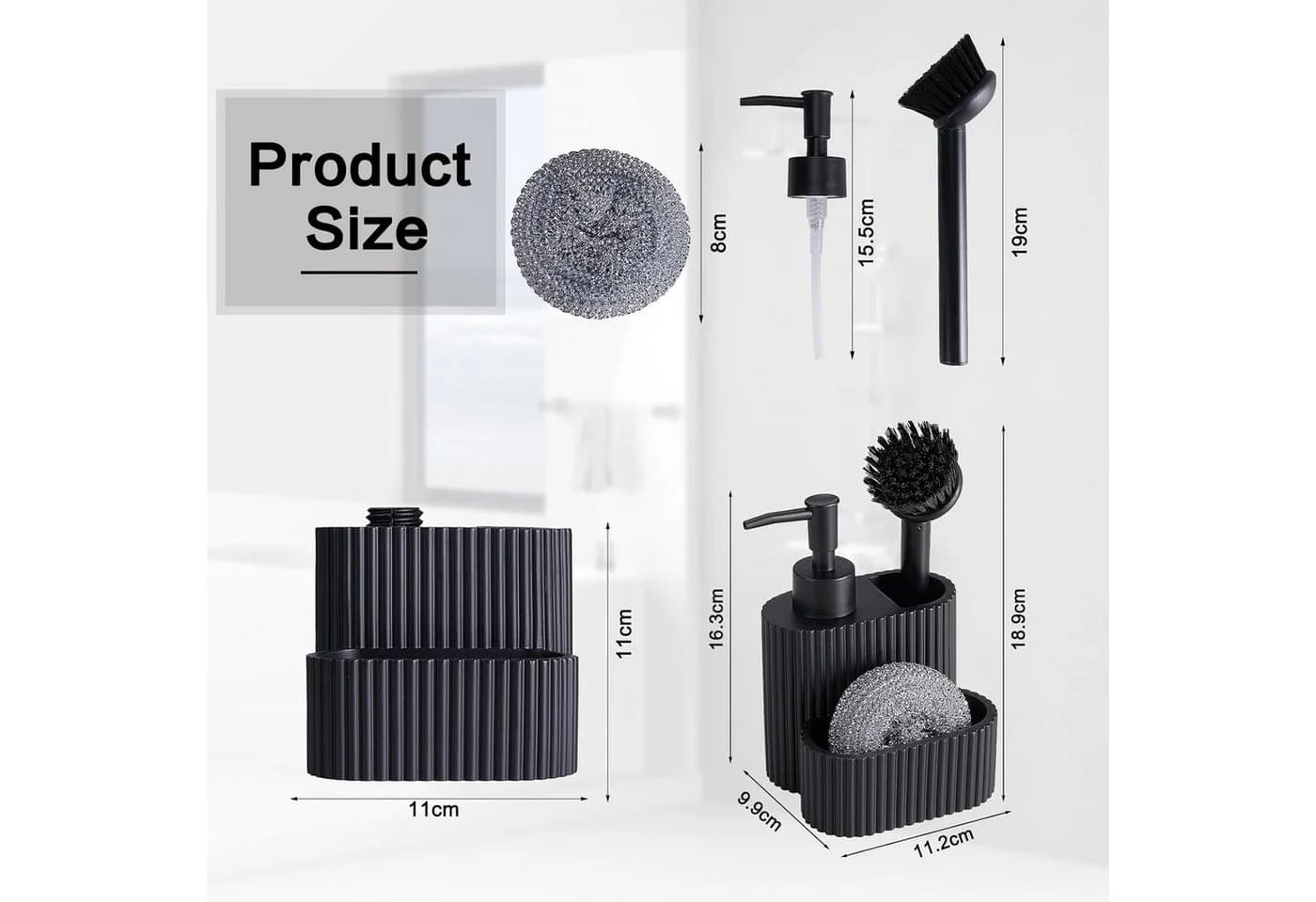 FELIXLEO Küchenorganizer-Set Schwarz mit Seifenspender und Spülbürste