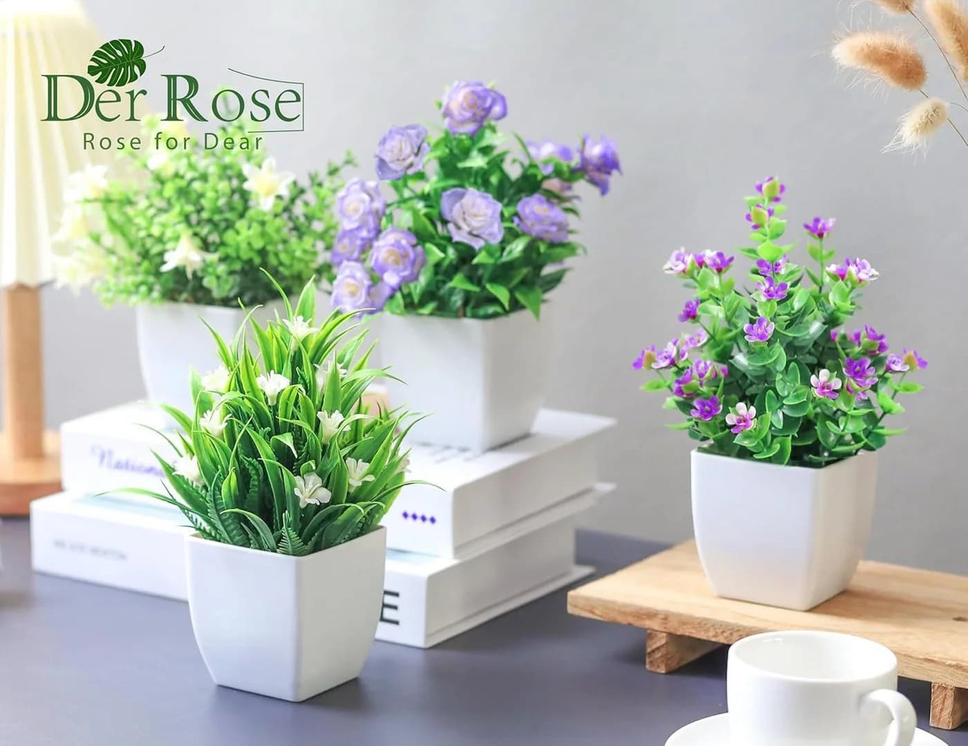 FELIXLEO Kunstpflanzen 4 Stück mit Blumen Grün