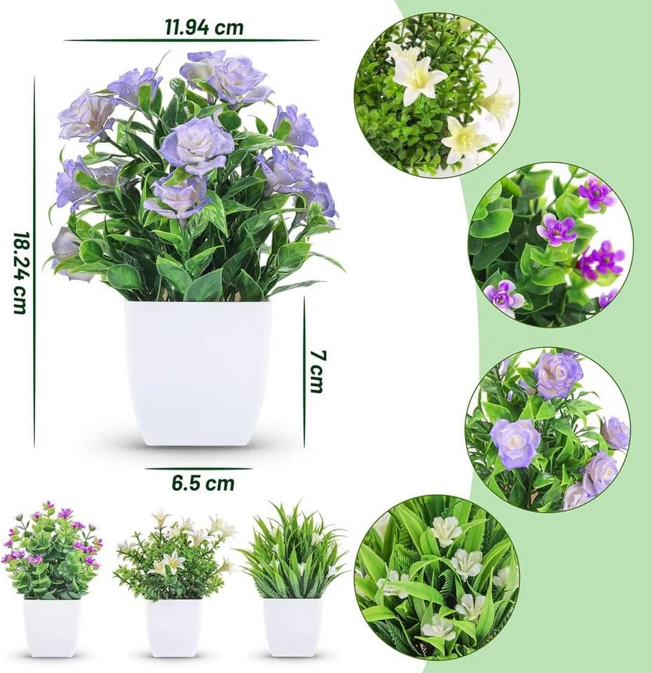 FELIXLEO Kunstpflanzen 4 Stück mit Blumen Grün - Bild 3