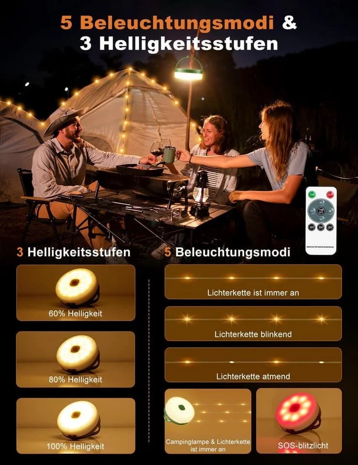 FELIXLEO LED-Lichterkette Camping Solar USB 10M wasserdicht 8 Modi