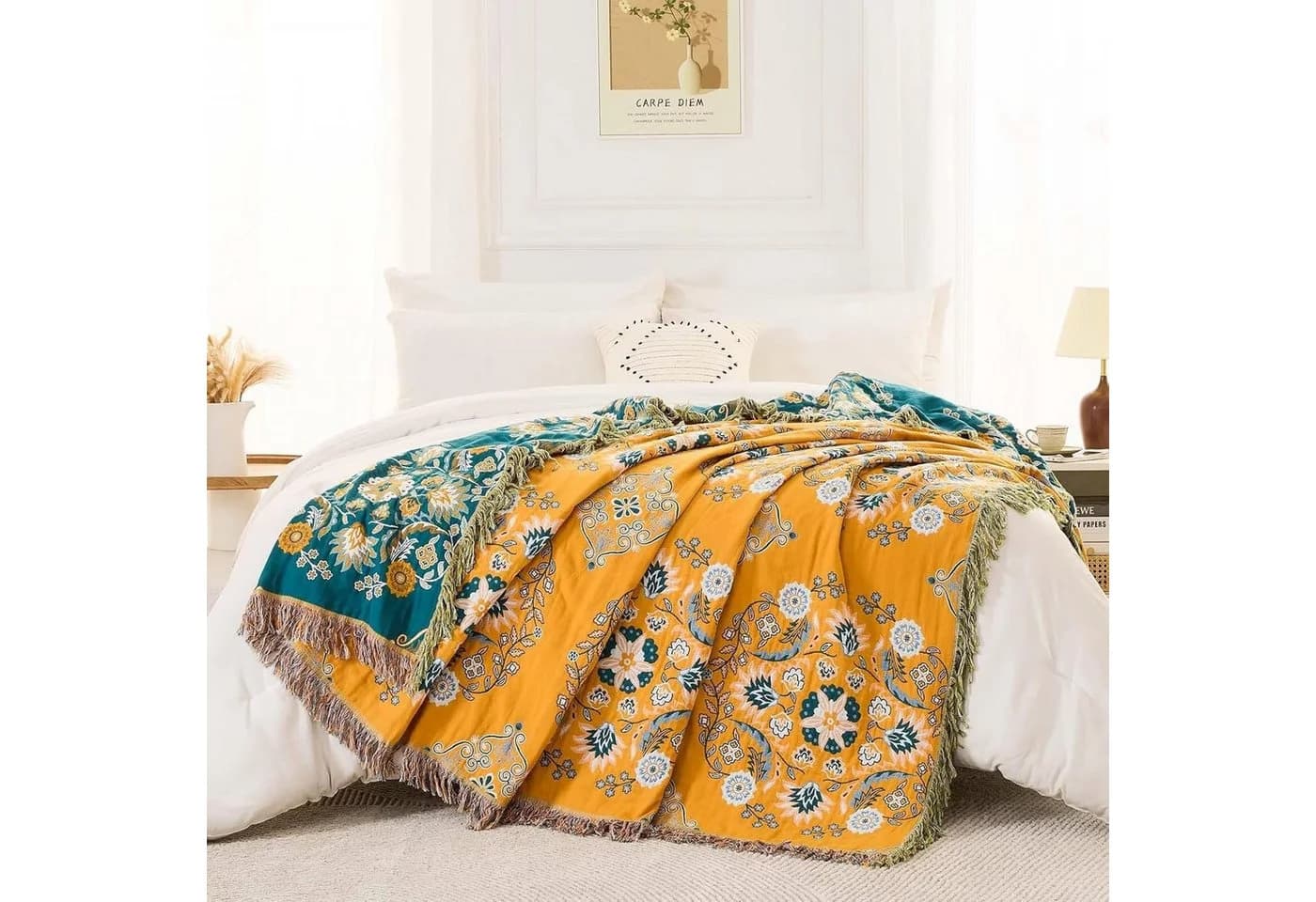 FELIXLEO Wendbare Baumwolldecke Bauernhaus Boho Stil Gelb - Bild 5