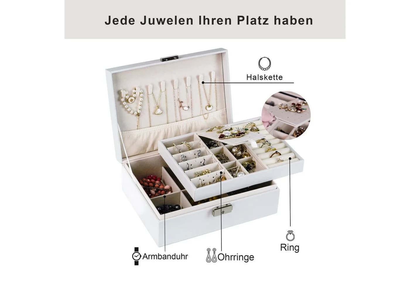 AdelDream Schmuckkoffer Weiß PU-Leder 2 Ebenen - Bild 5