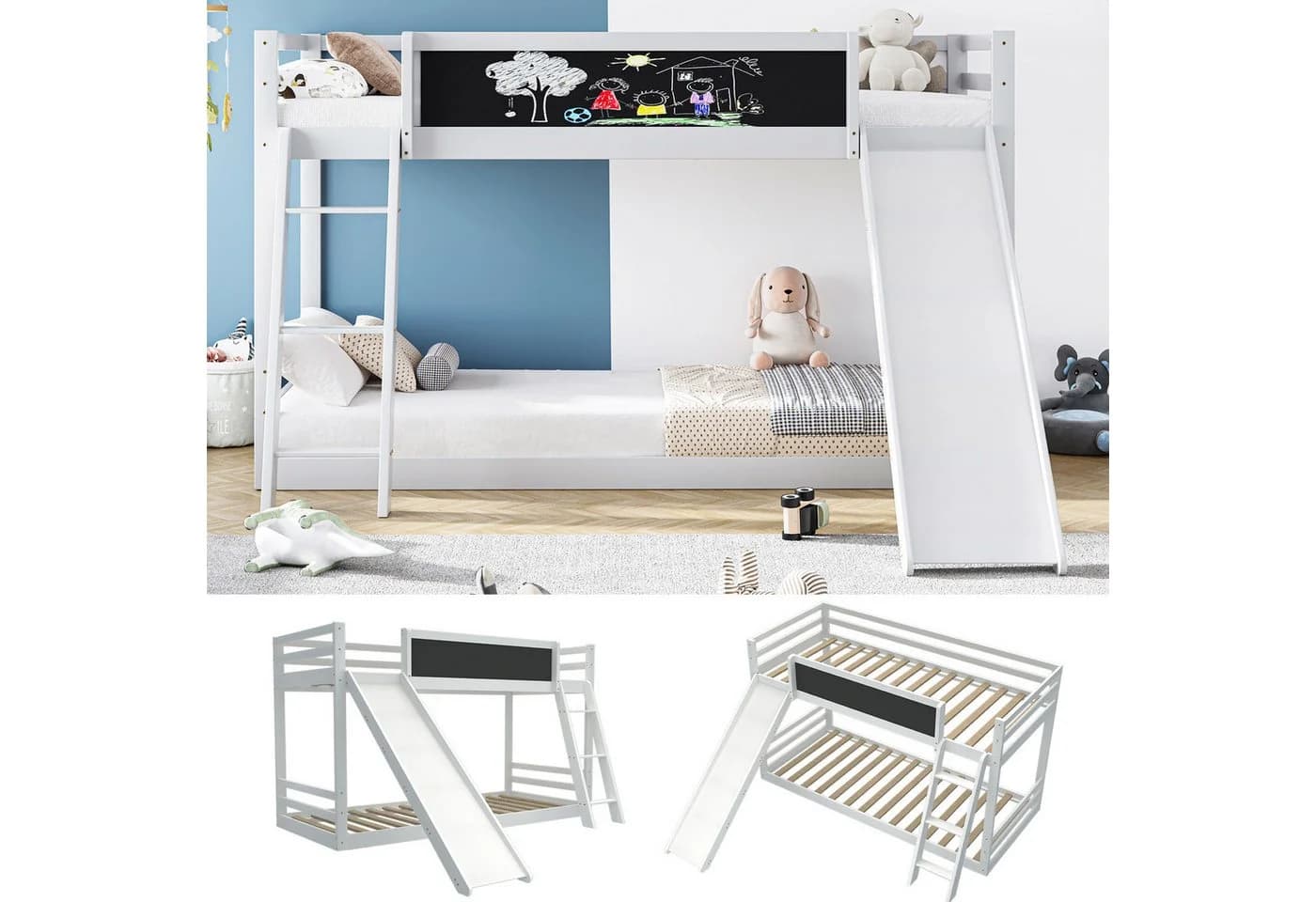 Odikalo Etagenbett mit Rutsche und Treppe weiß Massivholz